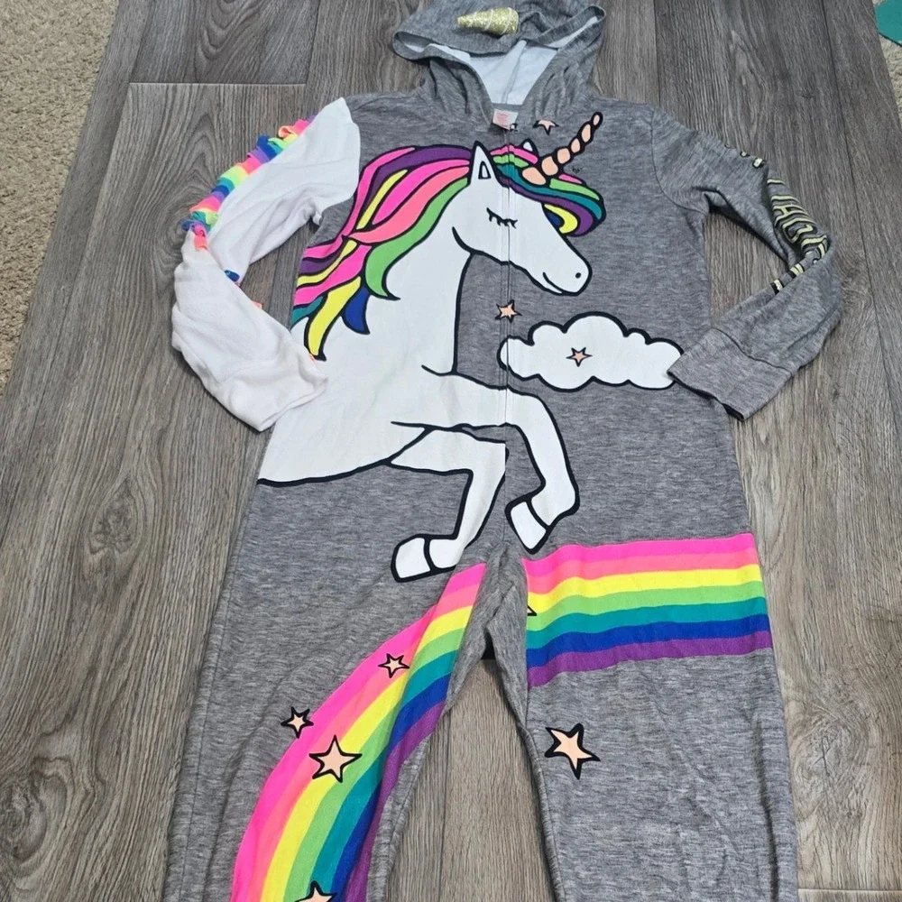 Justice Girls' Unicorn Rainbow Hooded Pajama Jumpsuit Size‎ 12 Sleepwear